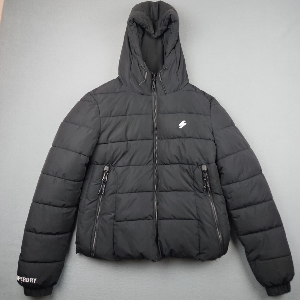 Superdry Jacket Womens Medium Black Hooded Puffer Full Zip Logo W5010964A